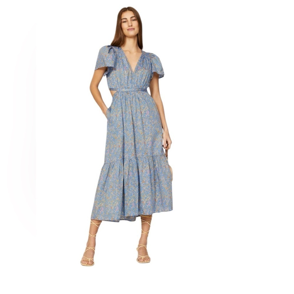 XiRENA - Gabrielle Cutout Midi Dress Blue Floral Boho Cotton Sz L